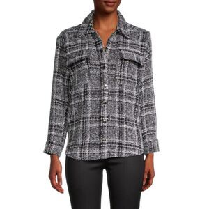 Lea & Viola Plaid Tweed Shirt M Essential Snap Buttons Black White Minimalist